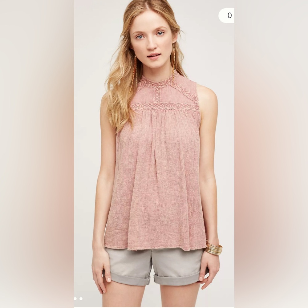 NWT eri + ali of anthropologie Sweetbriar Tank dusty pink embroidered collar top